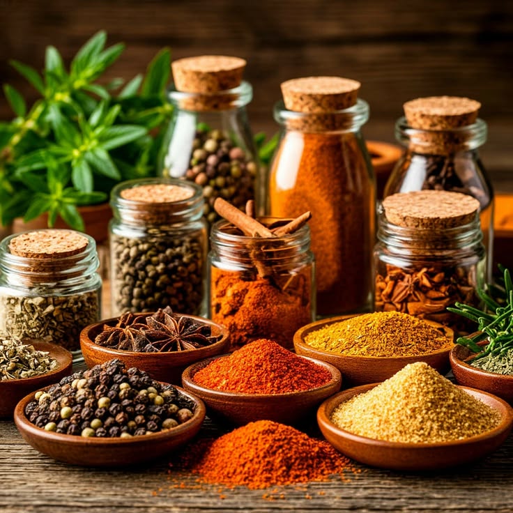 Indian spices in jars and bowls supplied by Shree Rajasvi